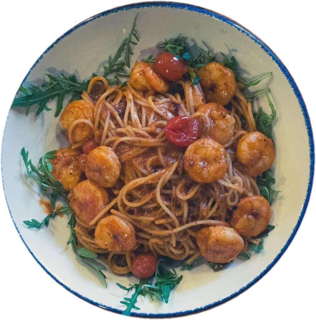 Spaghetti mit Garnelen, Kirschtomaten und Rucola, Trattoria da Bruno Krefeld